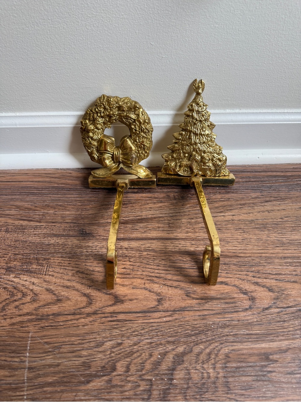 Vintage Brass Christmas Stocking Long Arm Holders Wreath Tree Gold